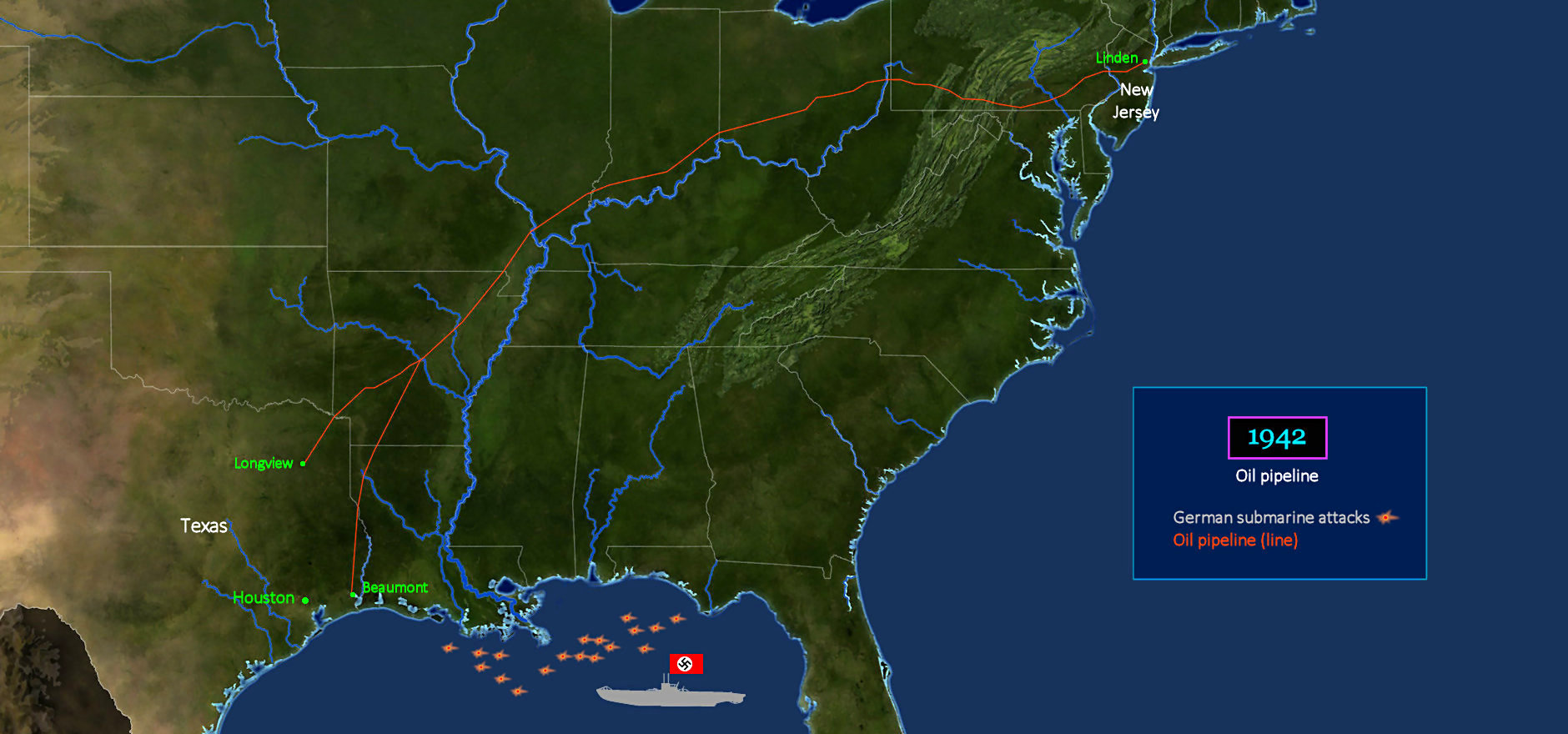 First big oil pipeline to avoid subs, 1942 map